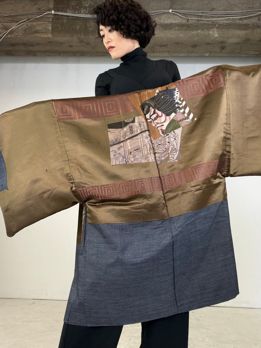 VINTAGE KAWAII HAORI oversized  "Rare Gold-Woven, Kabuki,  OSI209"