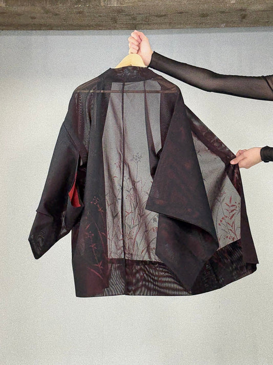 VINTAGE BLACK HAORI SHEER “red, aki"