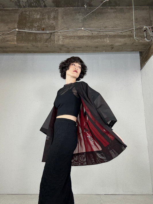 VINTAGE BLACK HAORI SHEER “red, embroidery, kaede"