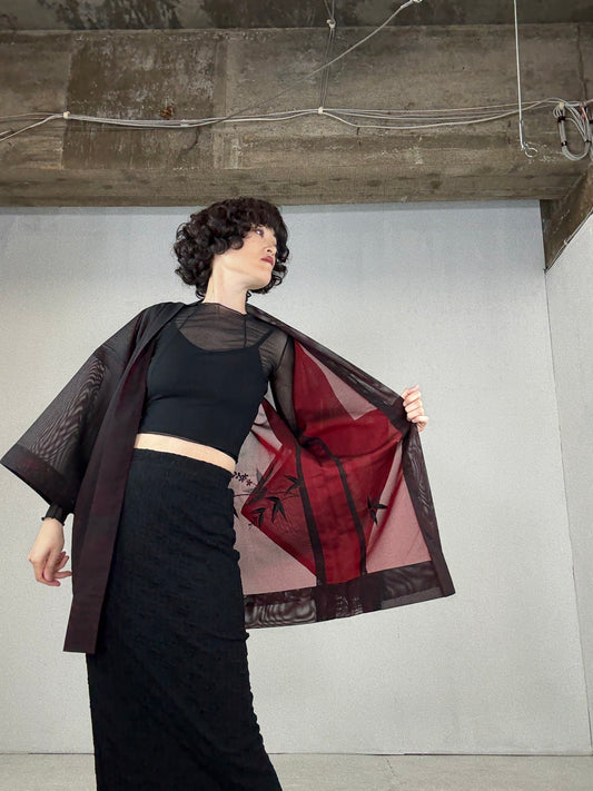 VINTAGE BLACK HAORI SHEER “momiji, flower, embroidery"