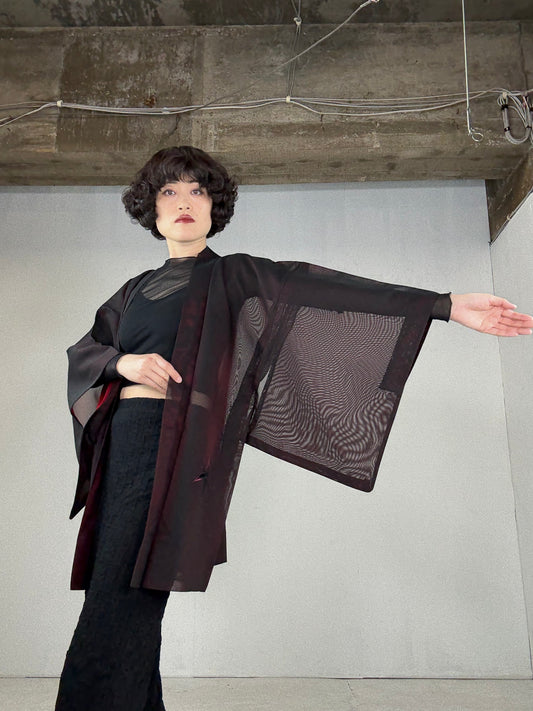 VINTAGE BLACK HAORI SHEER “momiji, flower, embroidery"