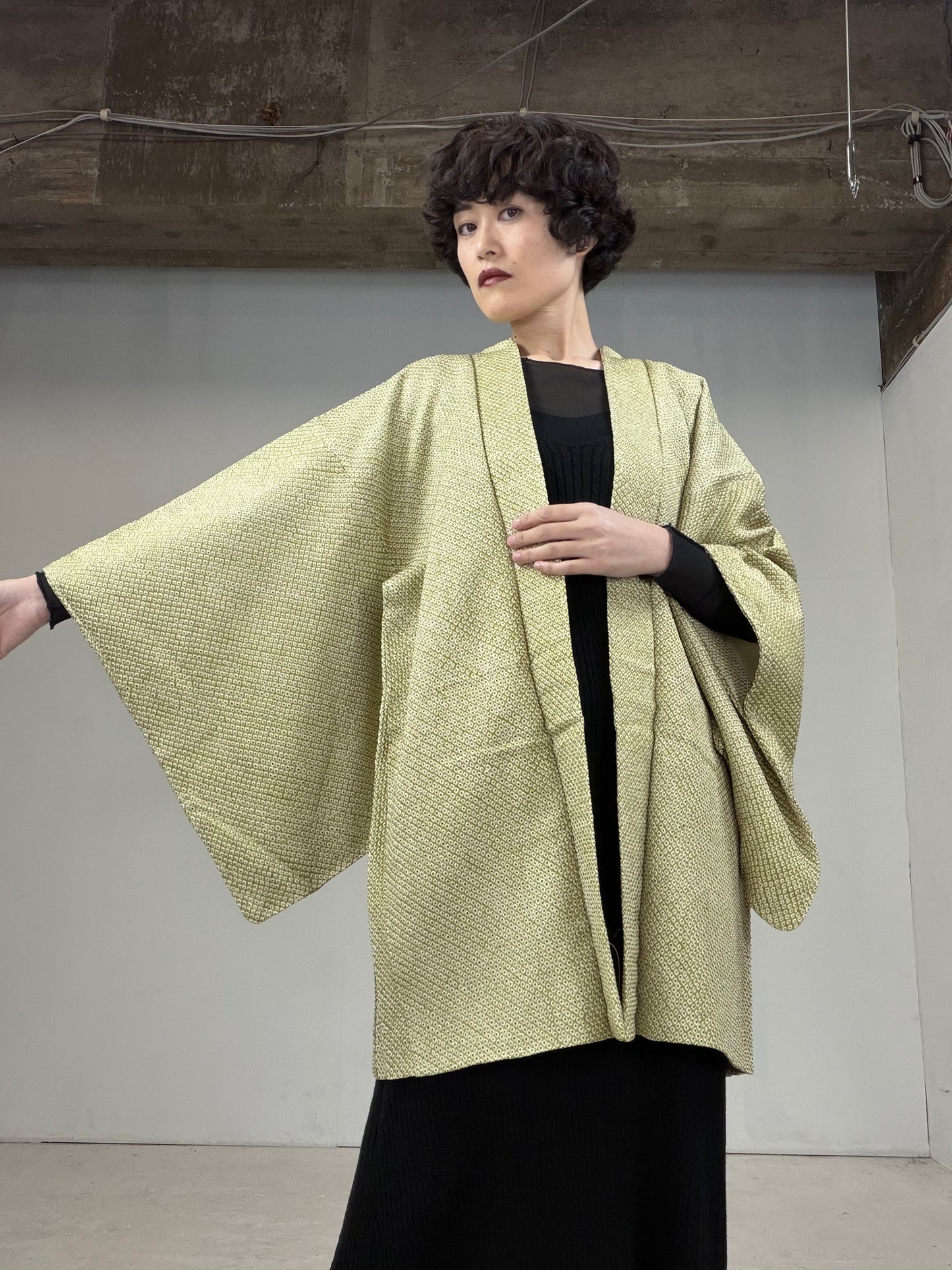 VINTAGE SHIBORI HAORI "yellow green"