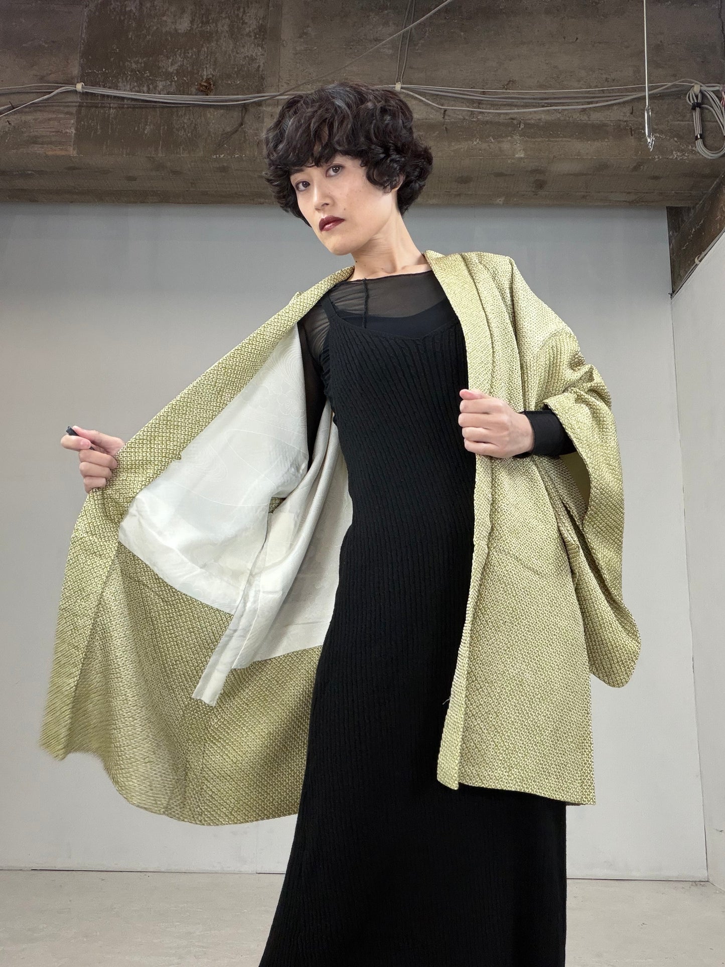 VINTAGE SHIBORI HAORI "yellow green"