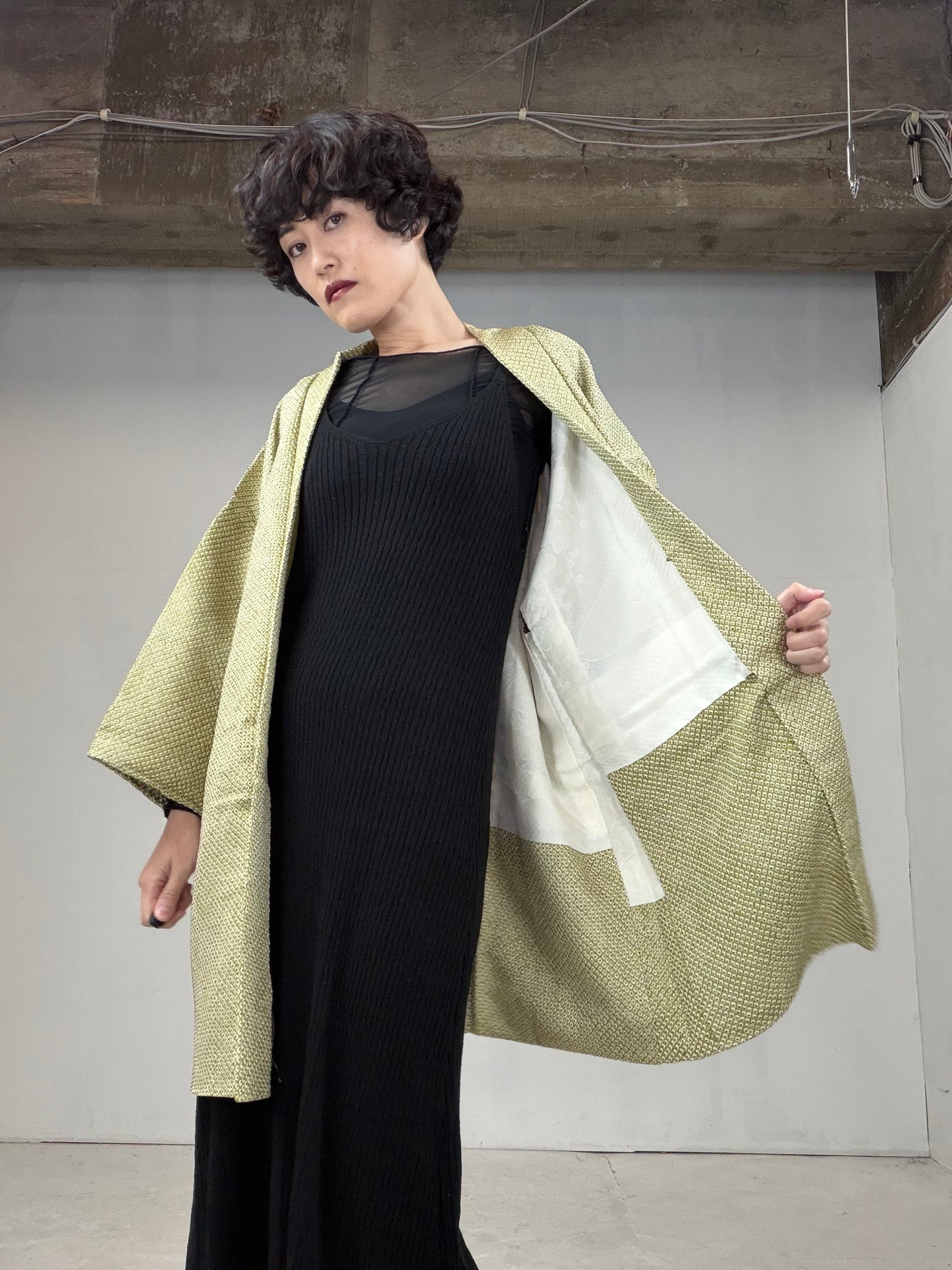 VINTAGE SHIBORI HAORI "yellow green"