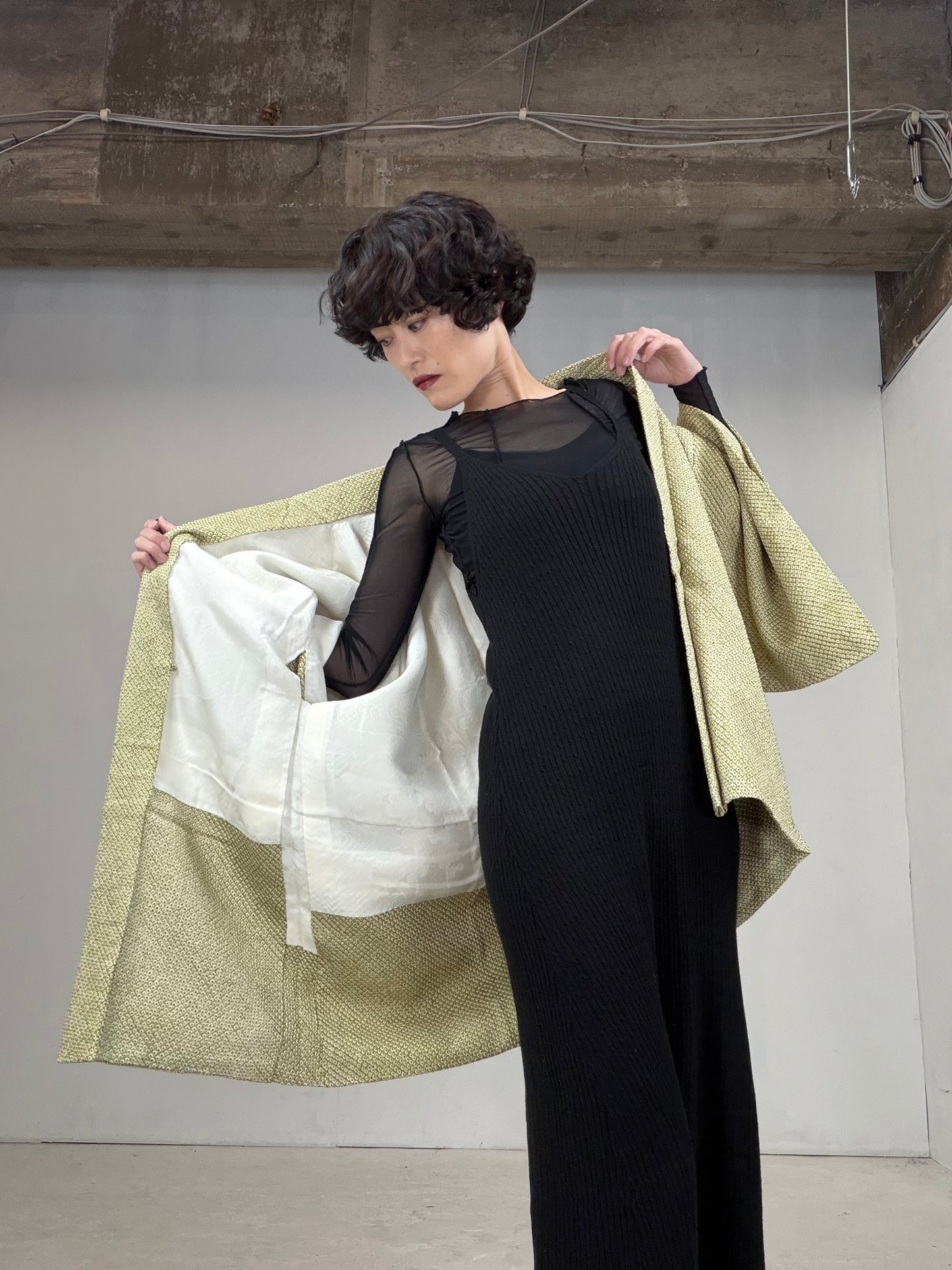 VINTAGE SHIBORI HAORI "yellow green"