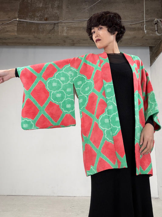 VINTAGE SHIBORI HAORI "vivid-midori"
