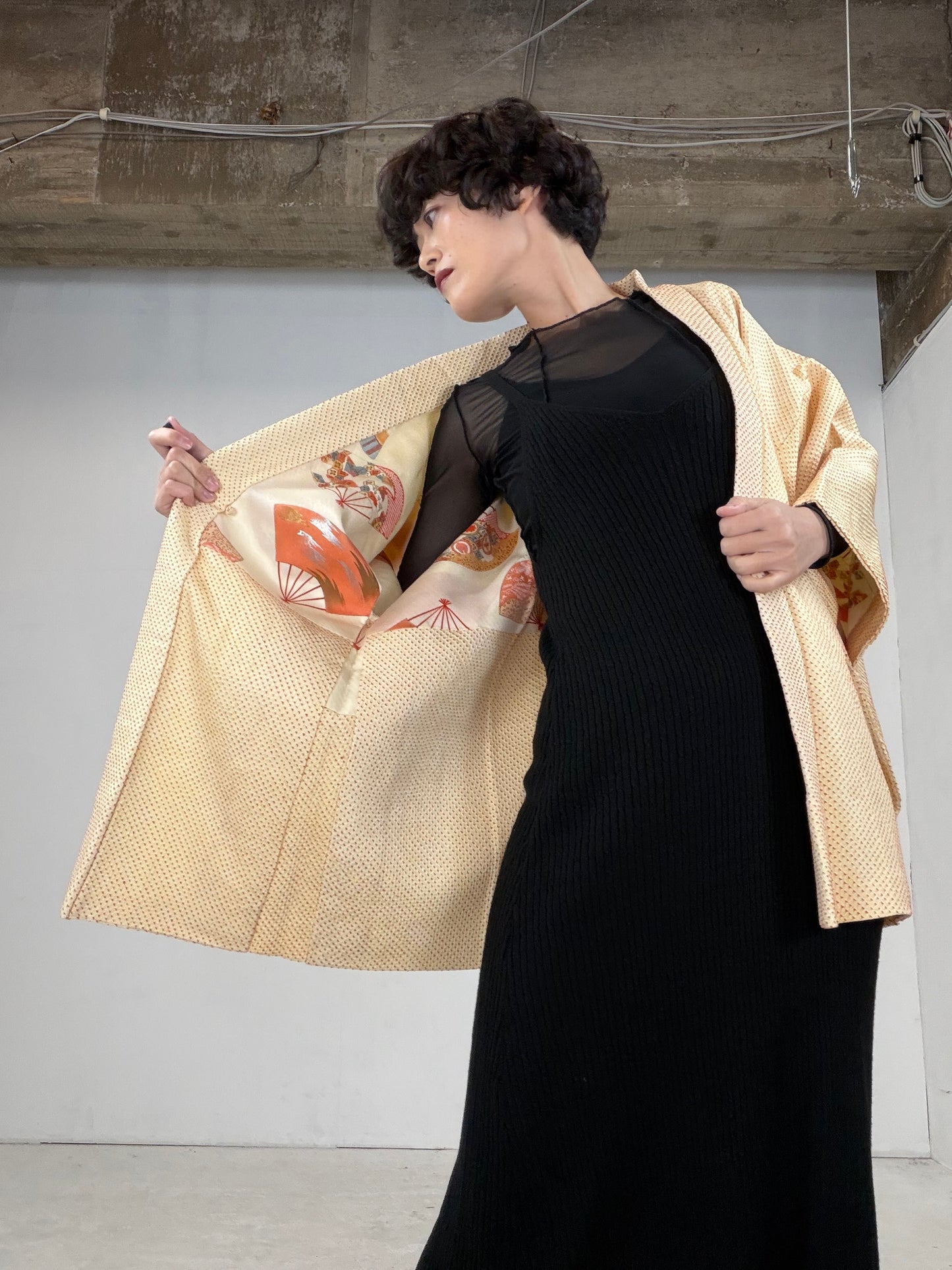 VINTAGE SHIBORI HAORI "yellow-ougi"