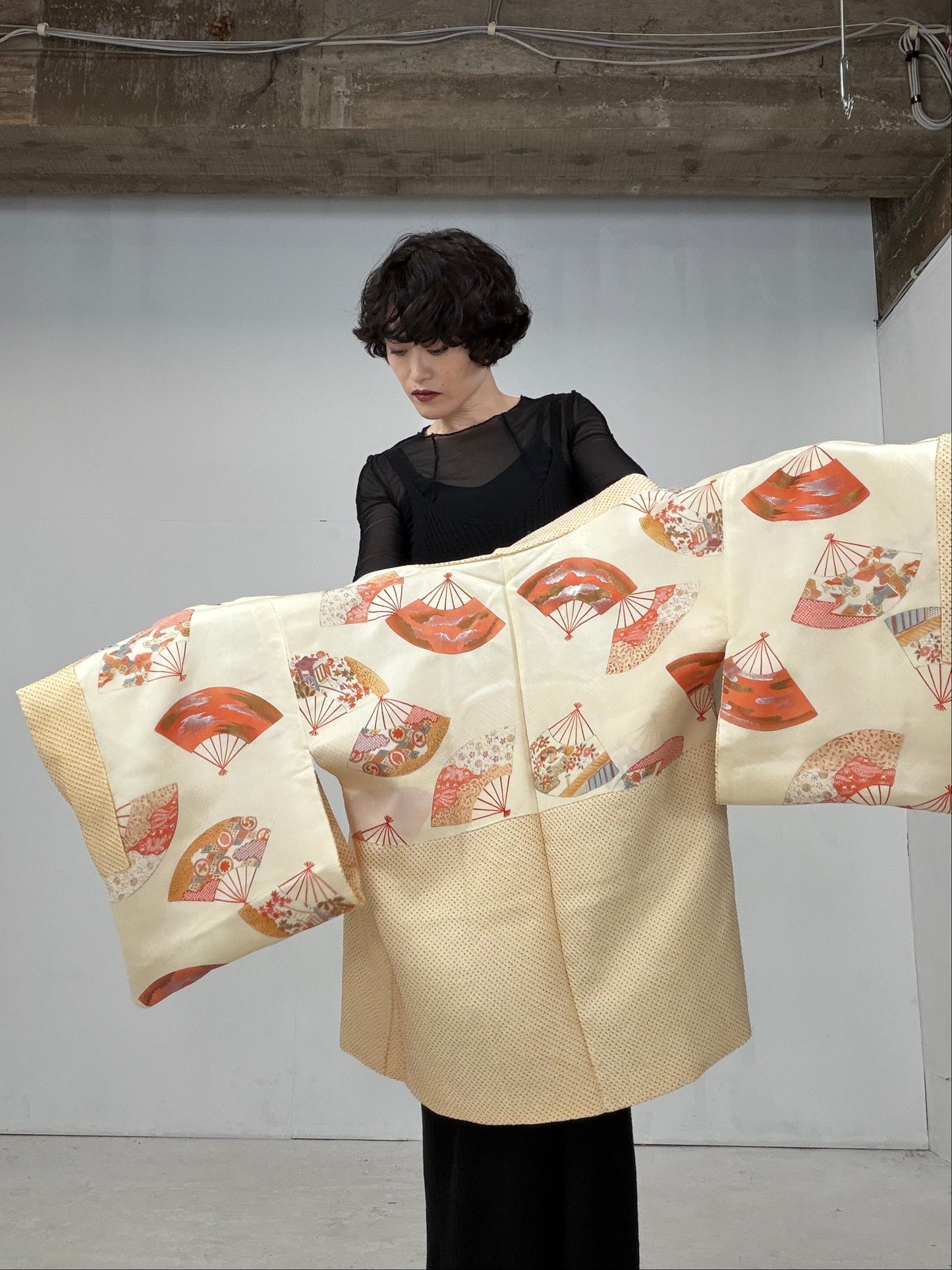 VINTAGE SHIBORI HAORI "yellow-ougi"