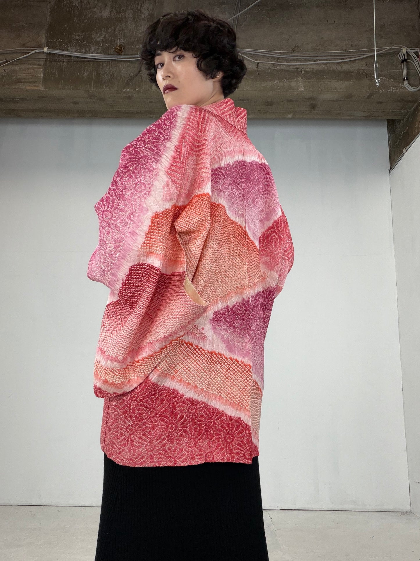 VINTAGE SHIBORI HAORI "pink-kikko"