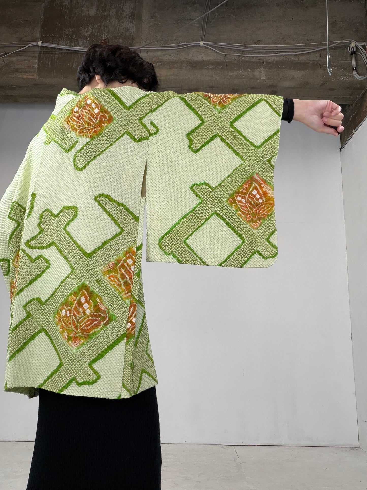VINTAGE SHIBORI HAORI "green-butterfly" *damage