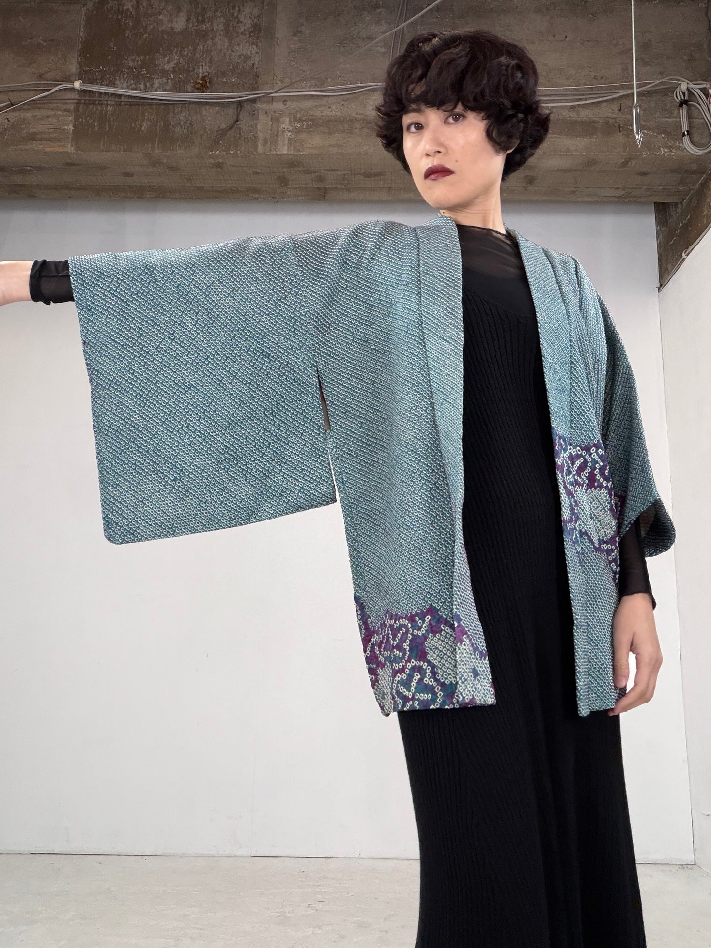 VINTAGE SHIBORI HAORI "green-purple" *damage