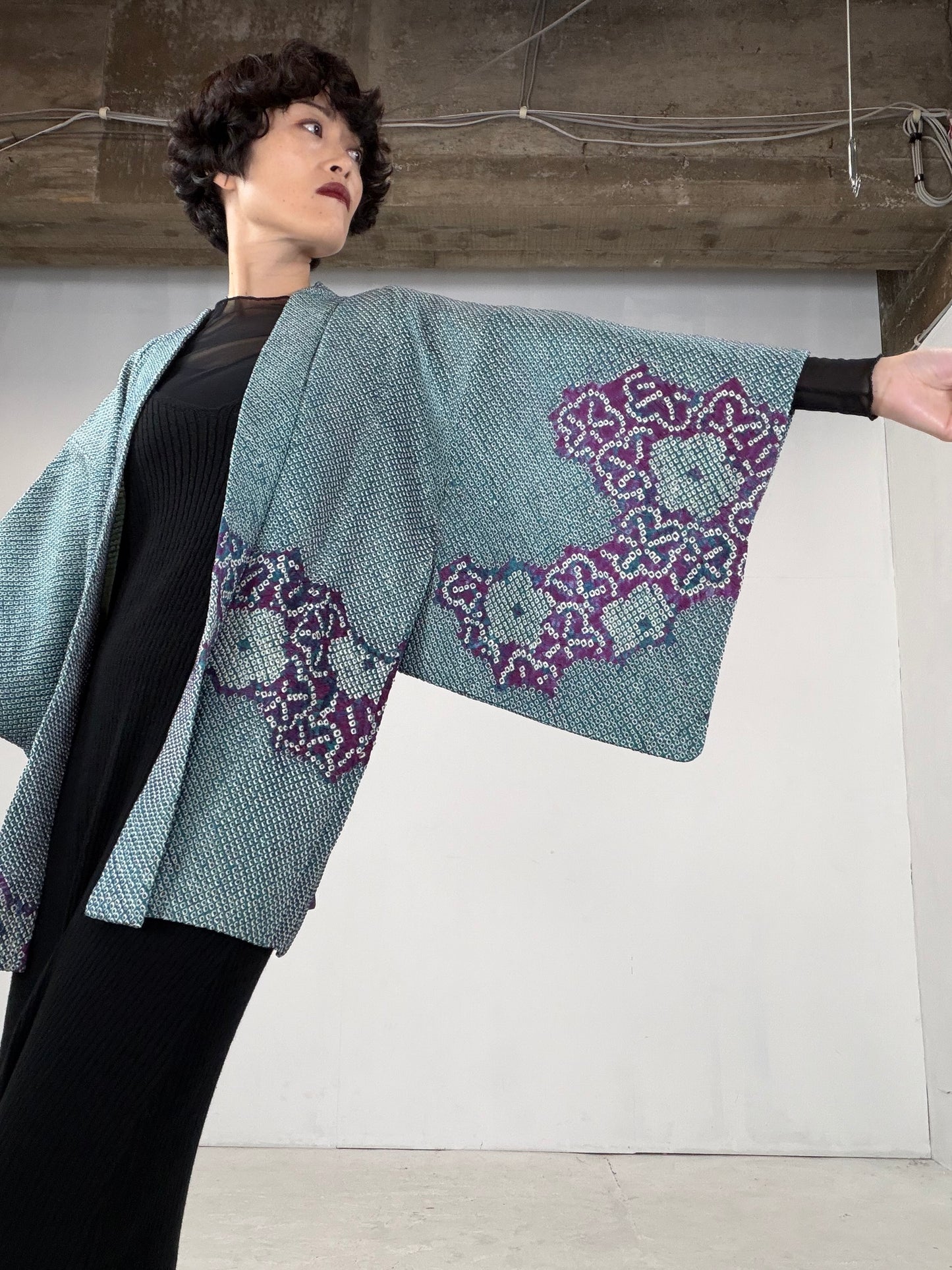 VINTAGE SHIBORI HAORI "green-purple" *damage