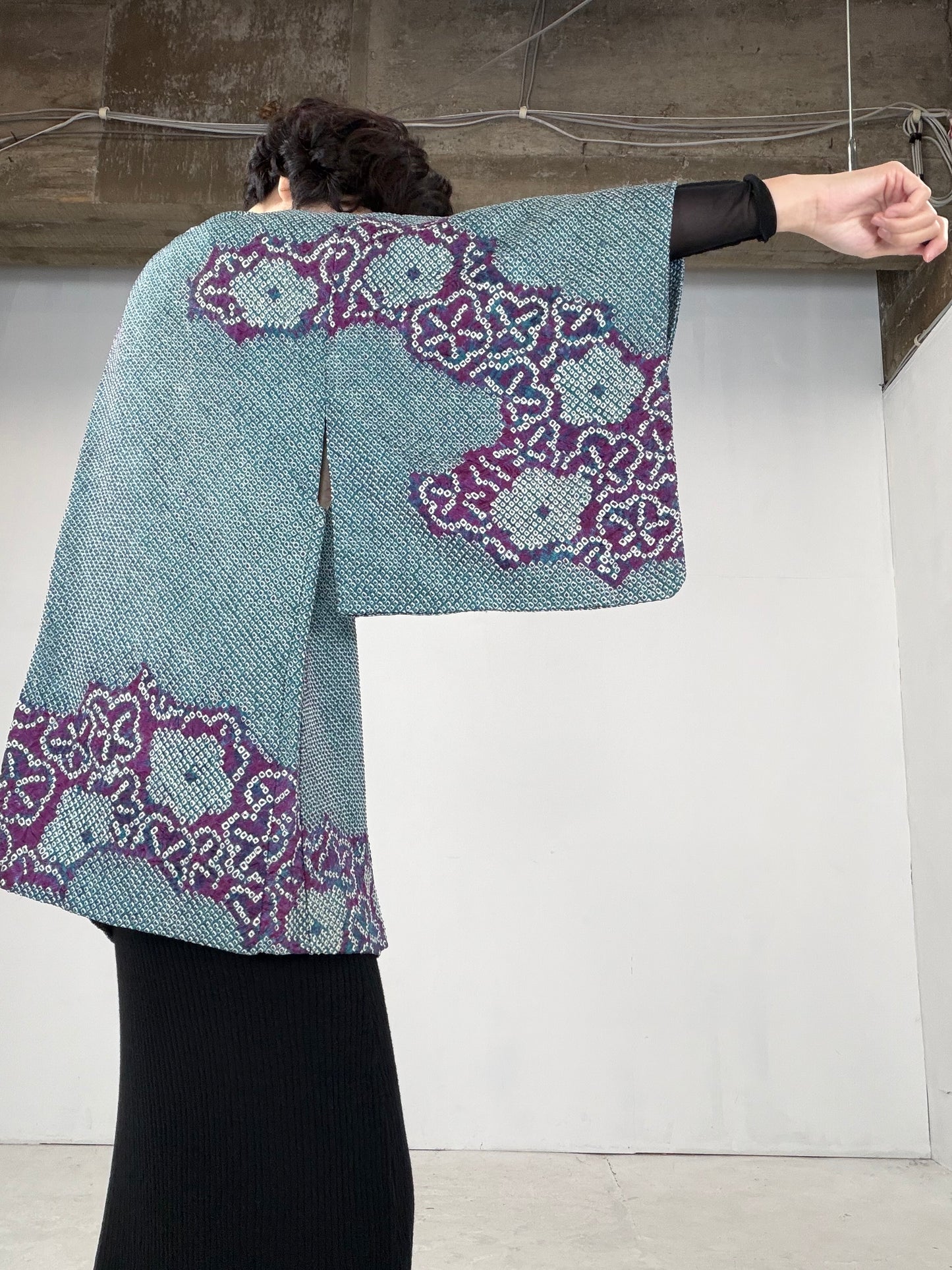 VINTAGE SHIBORI HAORI "green-purple" *damage