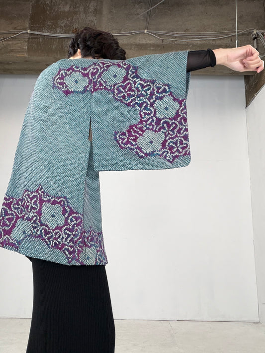 VINTAGE SHIBORI HAORI "green-purple" *damage