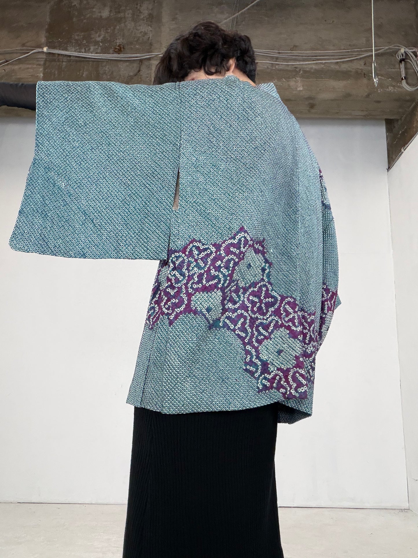 VINTAGE SHIBORI HAORI "green-purple" *damage