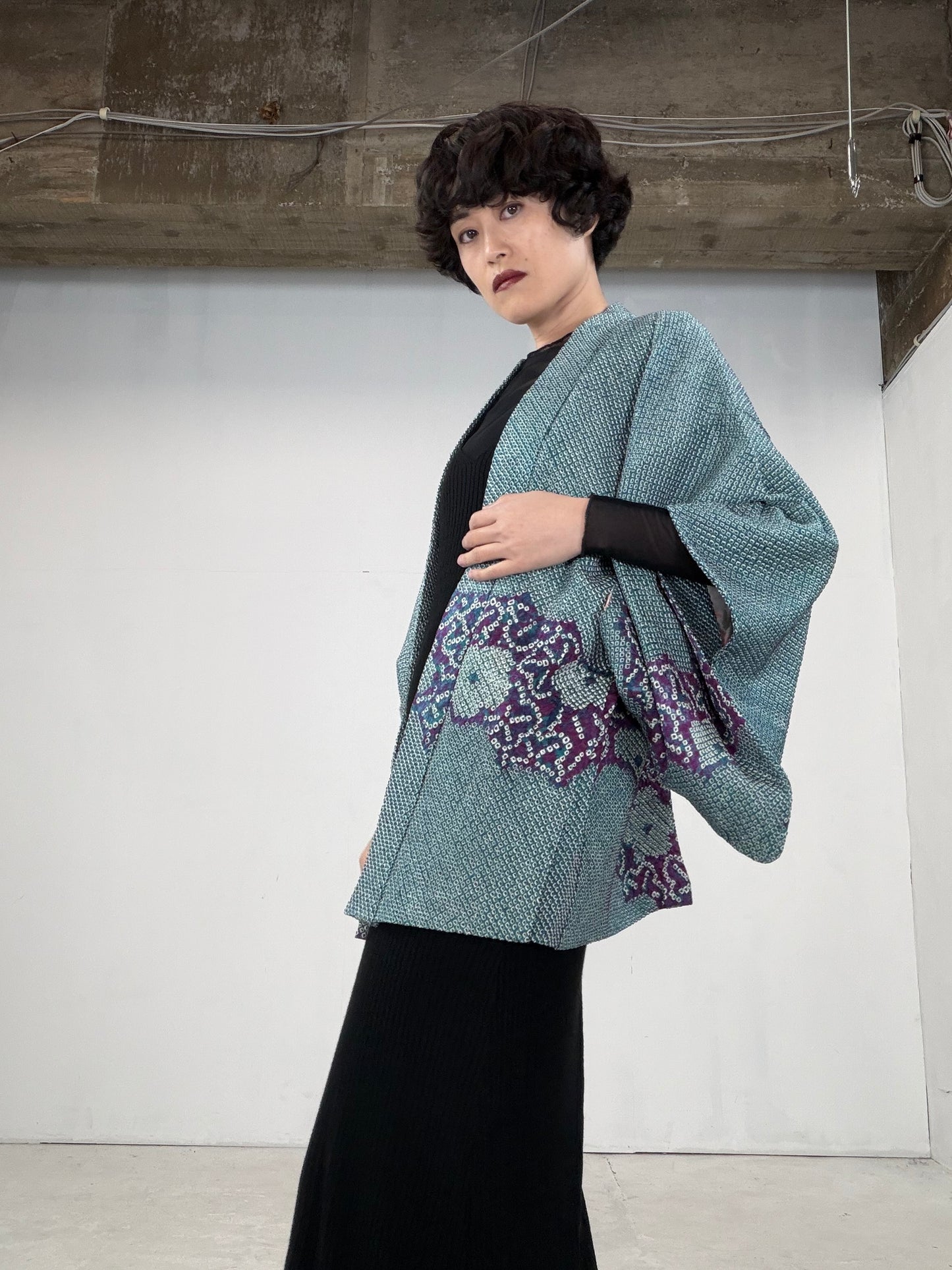 VINTAGE SHIBORI HAORI "green-purple" *damage