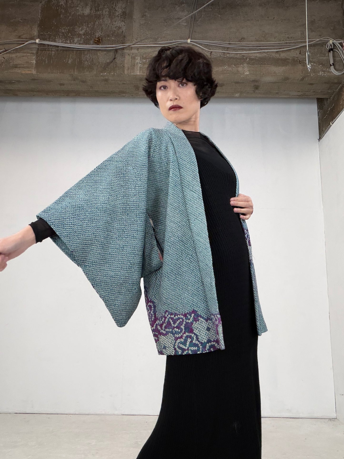 VINTAGE SHIBORI HAORI "green-purple" *damage