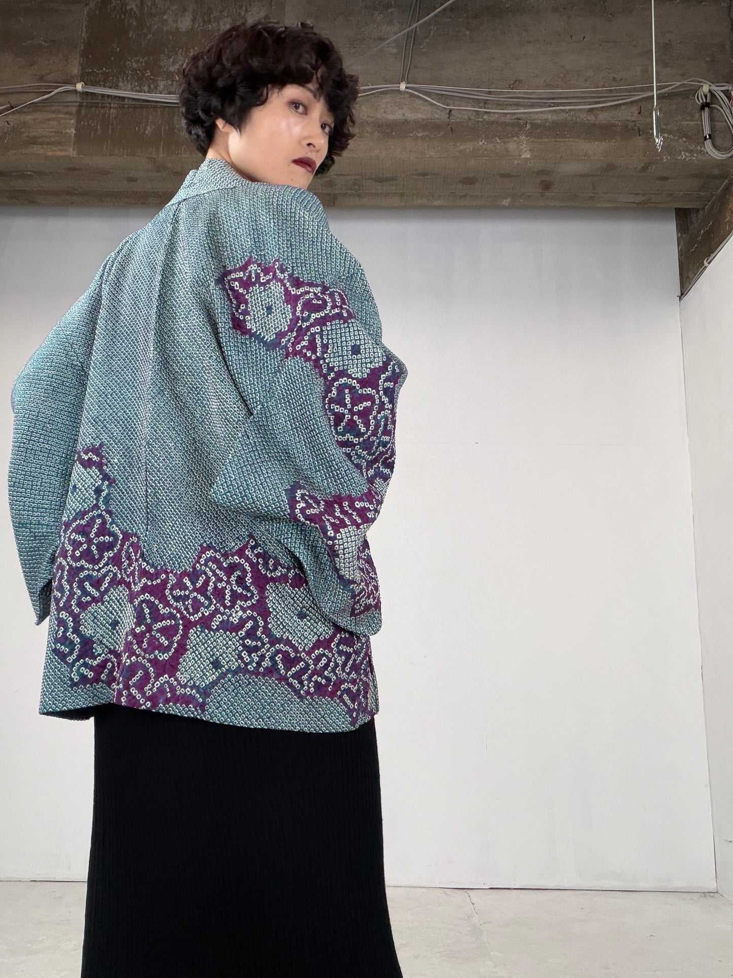 VINTAGE SHIBORI HAORI "green-purple" *damage