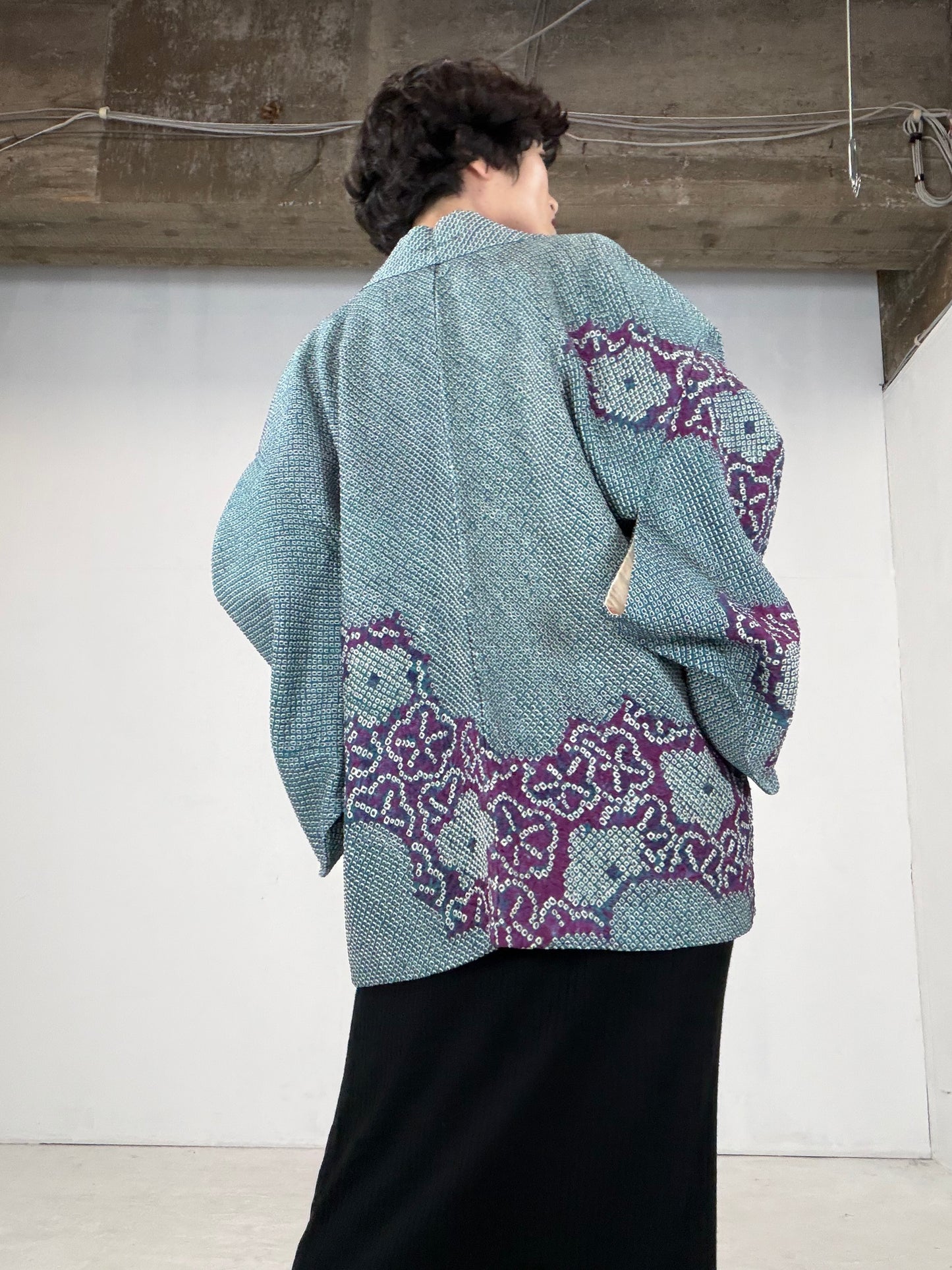 VINTAGE SHIBORI HAORI "green-purple" *damage