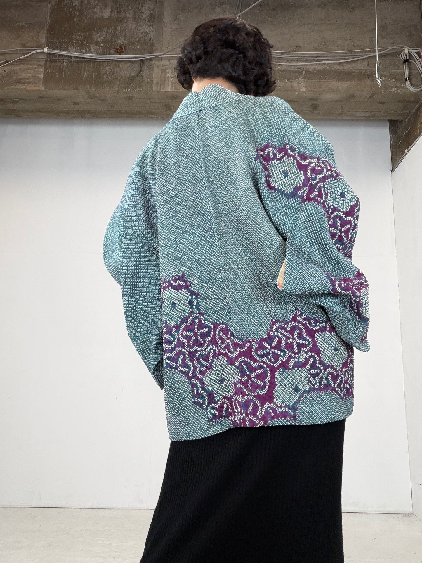 VINTAGE SHIBORI HAORI "green-purple" *damage