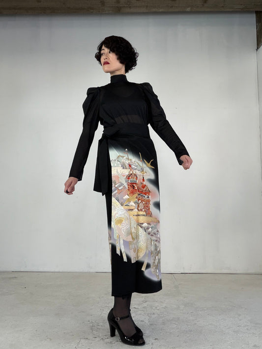 EDO-ZUMA SKIRT UPCYCLED FROM JAPANESE KIMONO "EDO042" *damage