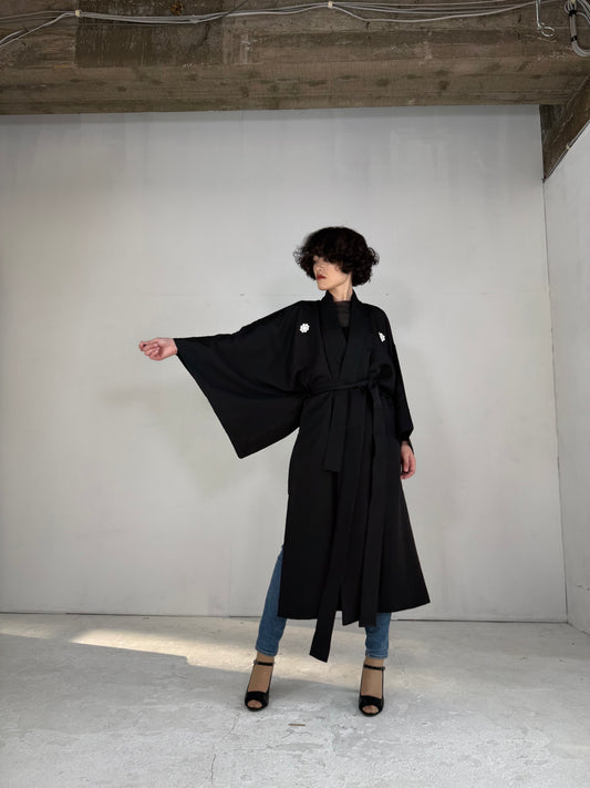 Kimono dress gown and string belt upcycled from Japanese kimono "KUROMONTSUKI KIMONO, kuyou"