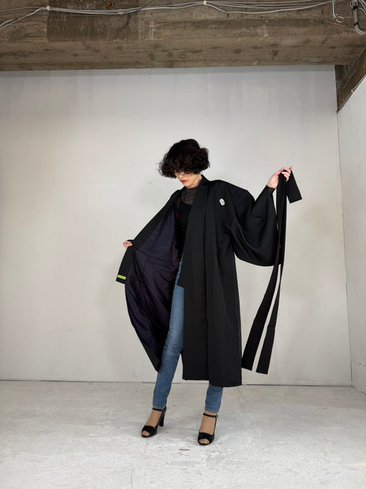 Kimono dress gown and string belt upcycled from Japanese kimono "KUROMONTSUKI KIMONO, kichi"