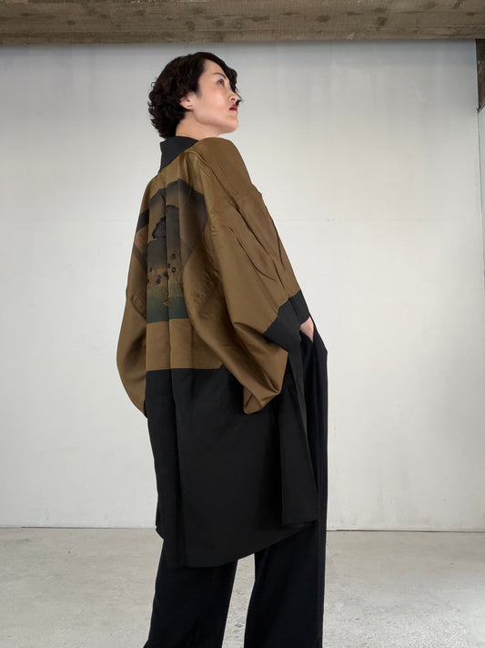 VINTAGE KUROMONTSUKI HAORI "cherry blossoms, maruni-kenkatabami, KUR121" *hari-mon