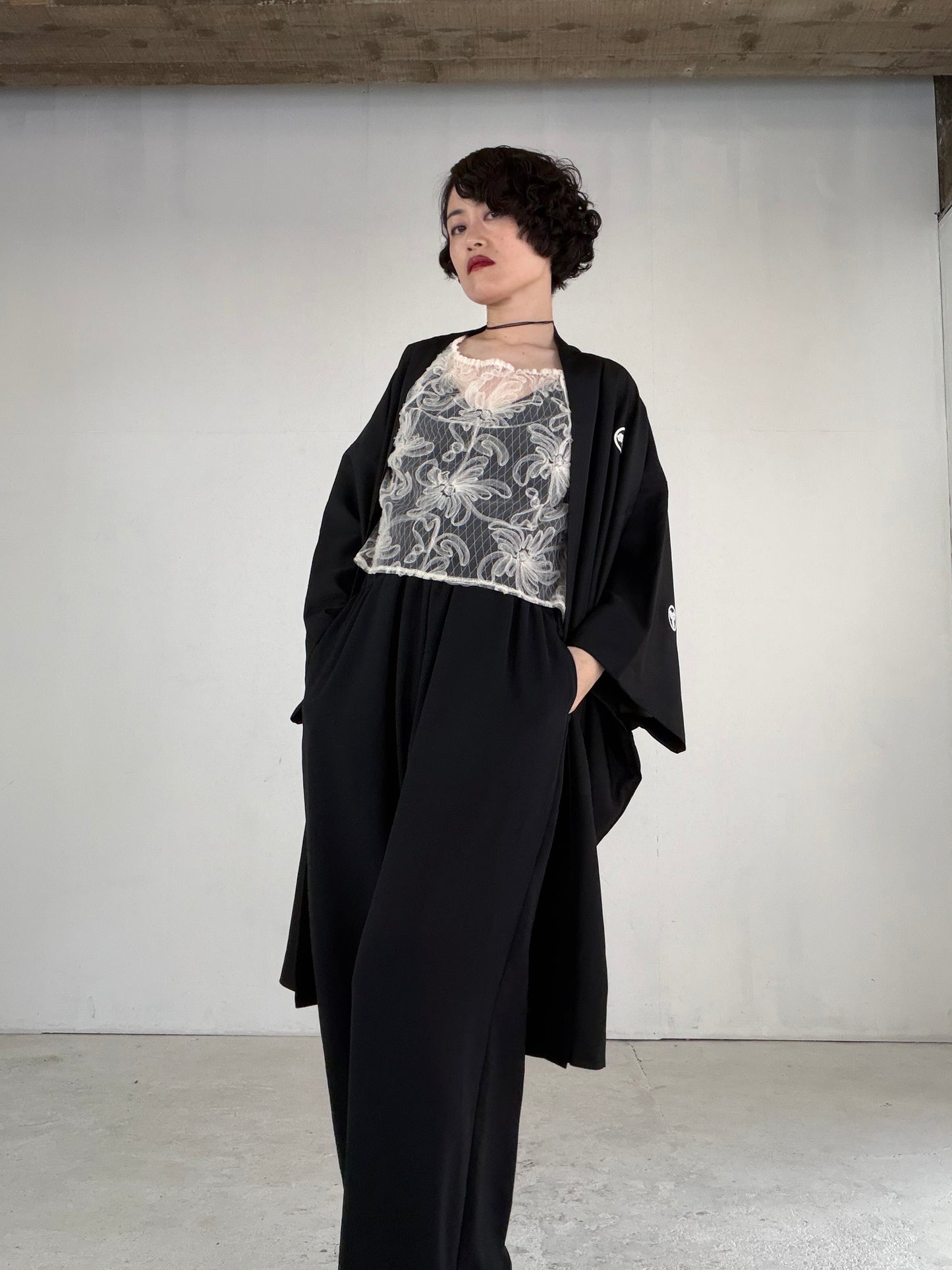 VINTAGE KUROMONTSUKI HAORI "fune, KUR115" *high-damage *hari-mon