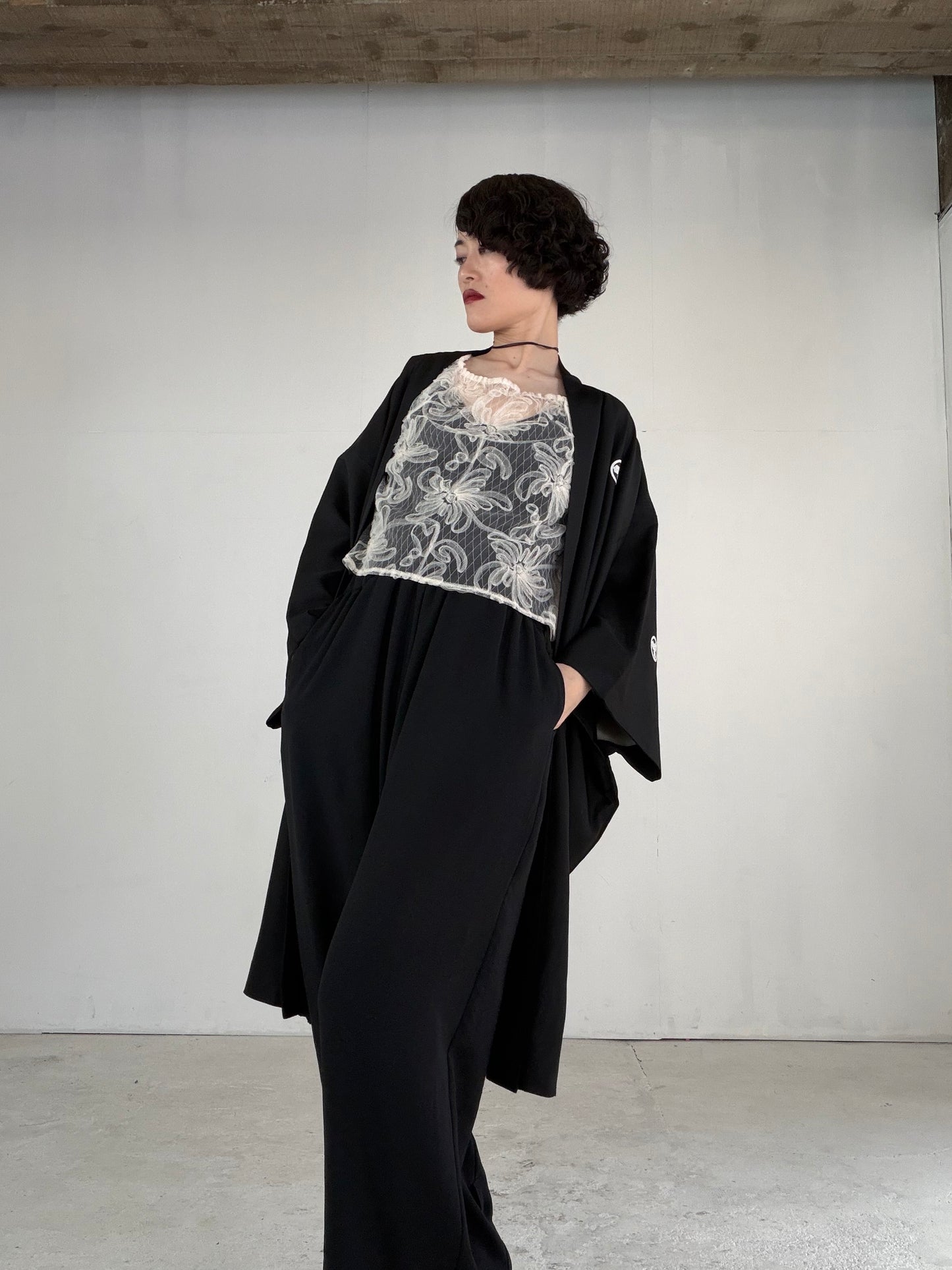 VINTAGE KUROMONTSUKI HAORI "fune, KUR115" *high-damage *hari-mon