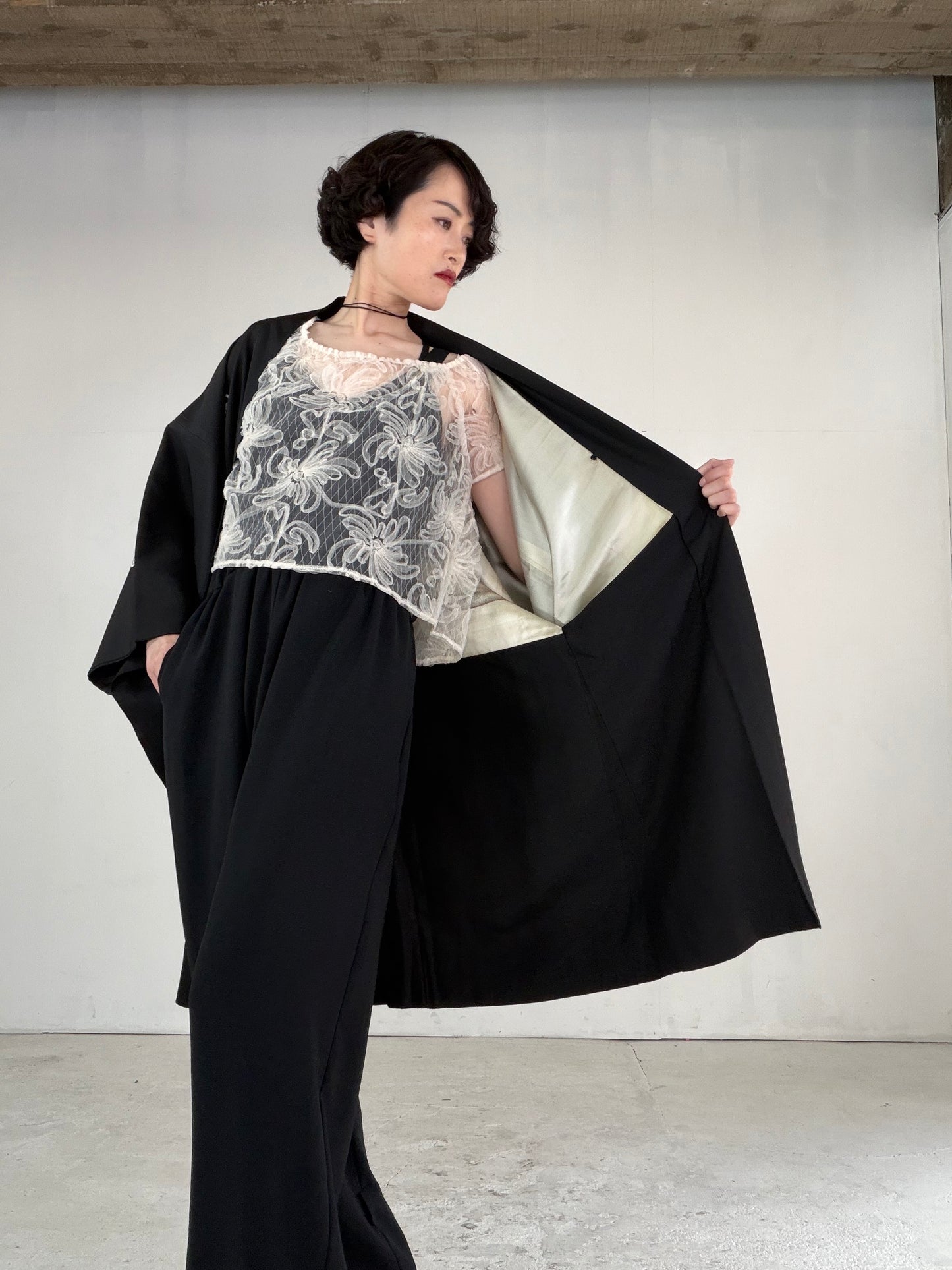 VINTAGE KUROMONTSUKI HAORI "fune, KUR115" *high-damage *hari-mon