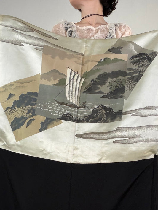 VINTAGE KUROMONTSUKI HAORI "fune, KUR115" *high-damage