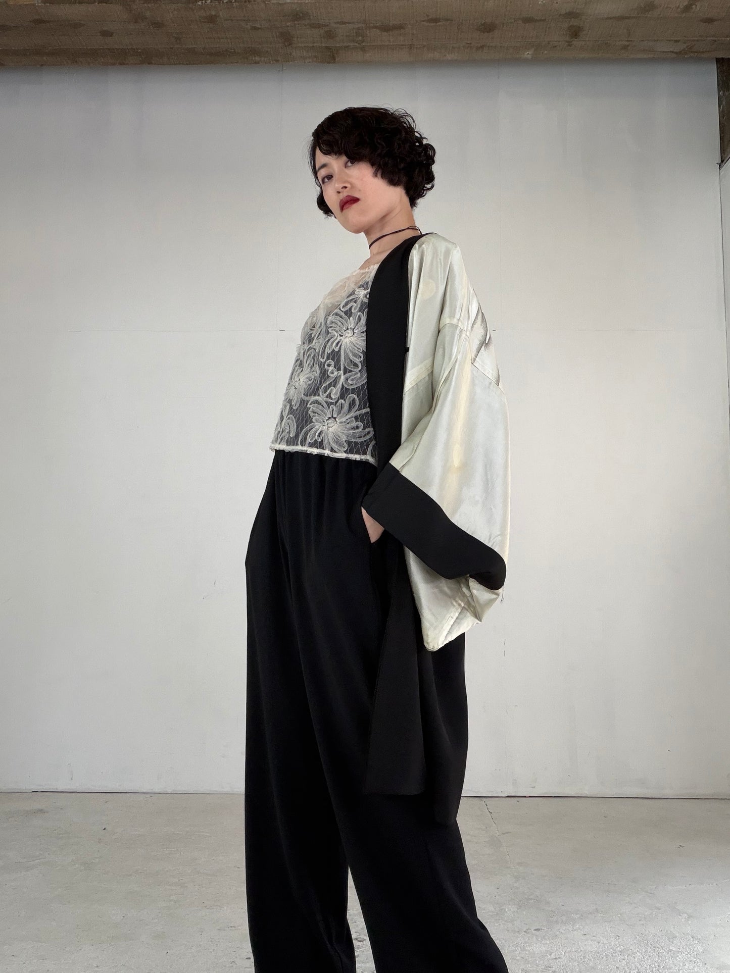 VINTAGE KUROMONTSUKI HAORI "fune, KUR115" *high-damage *hari-mon