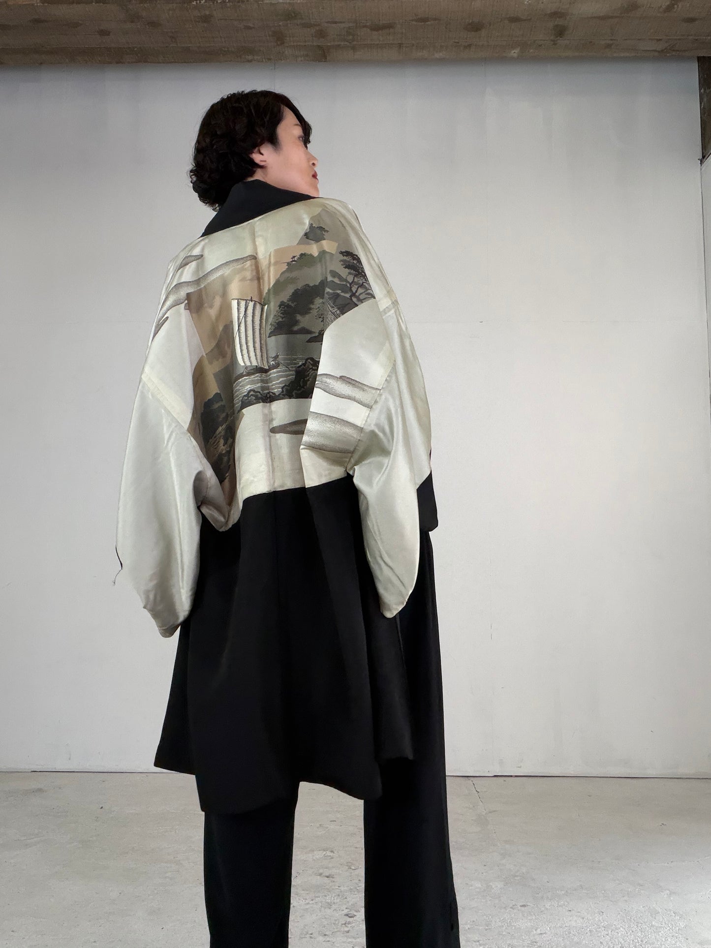 VINTAGE KUROMONTSUKI HAORI "fune, KUR115" *high-damage *hari-mon