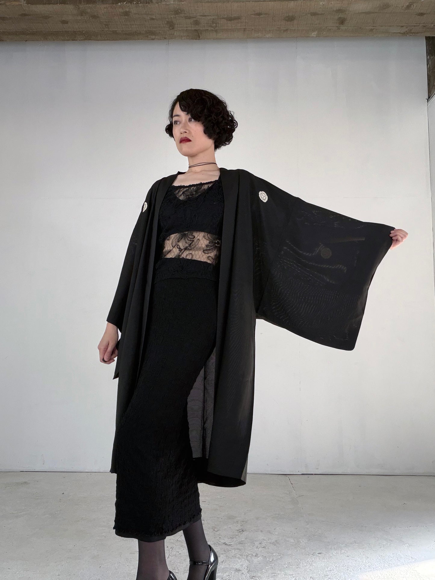 VINTAGE BLACK HAORI SHEER “ro, men's Montsuki, goka-ni-hidari-mitsudomoe, SHH052"
