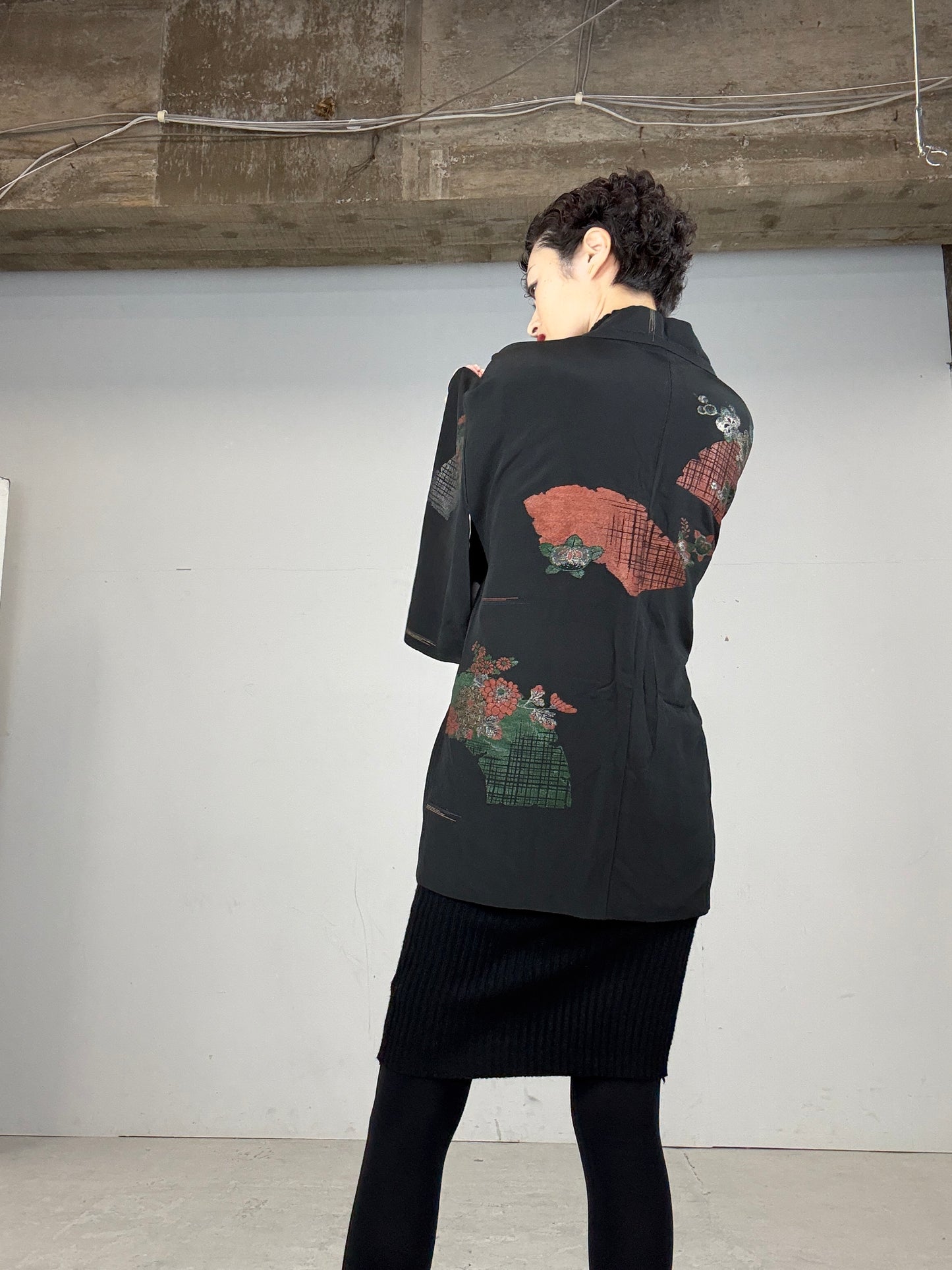 VINTAGE BLACK HAORI "ougi, rose, antique"