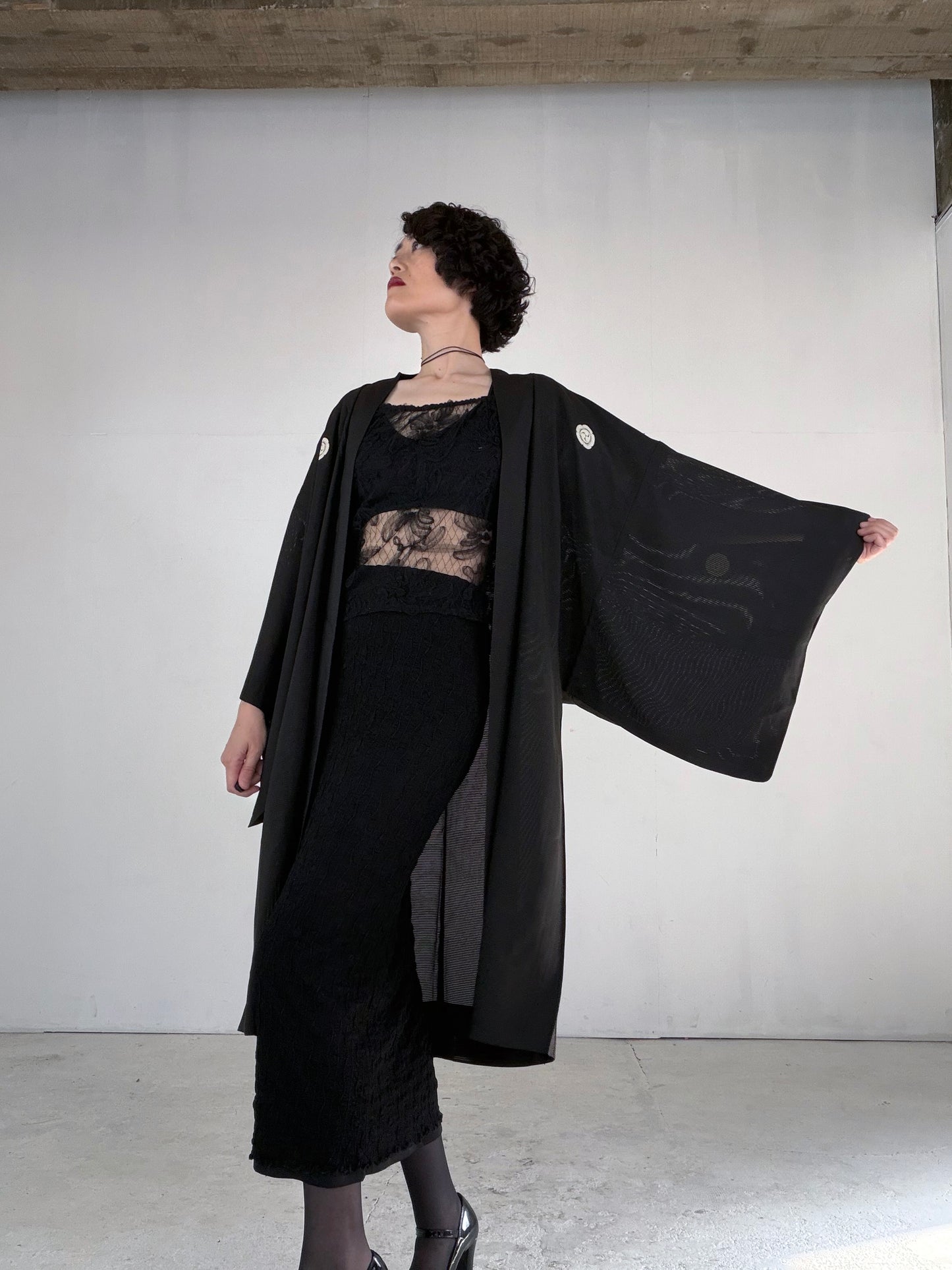 VINTAGE BLACK HAORI SHEER “ro, men's Montsuki, goka-ni-hidari-mitsudomoe, SHH052"