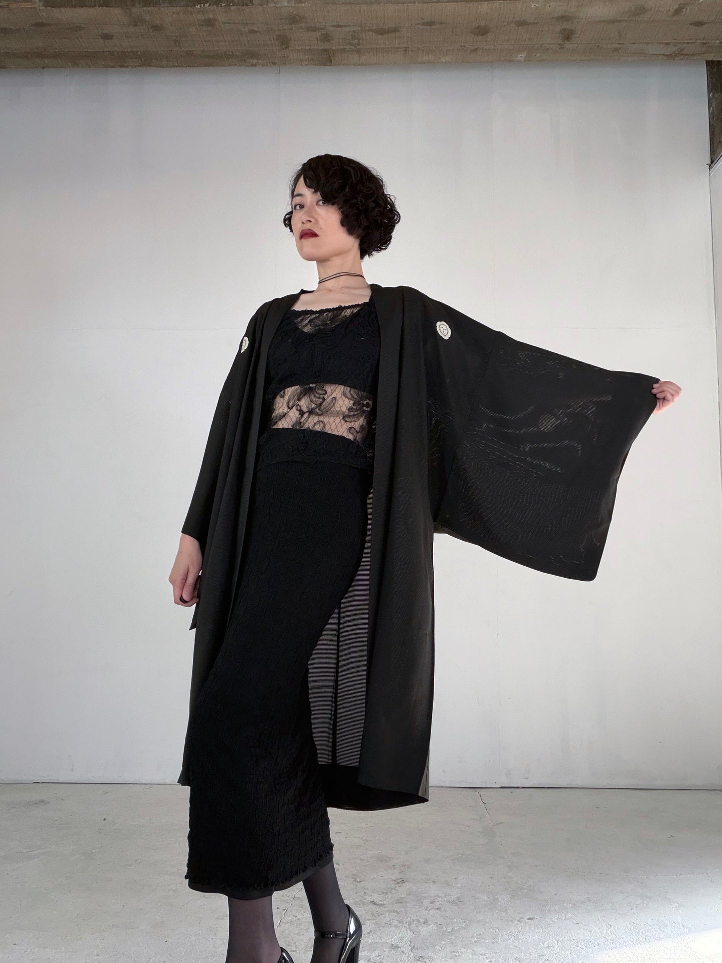 VINTAGE BLACK HAORI SHEER “ro, men's Montsuki, goka-ni-hidari-mitsudomoe, SHH052"