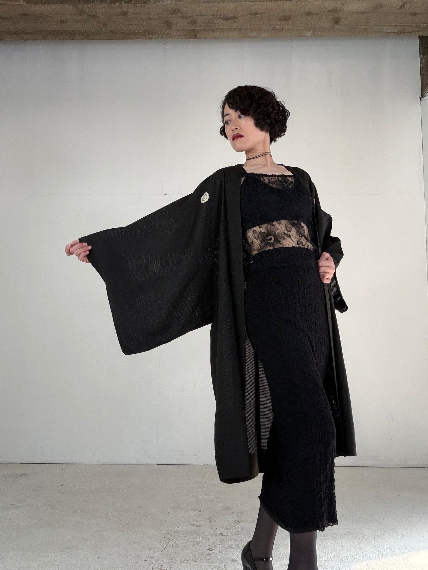 VINTAGE BLACK HAORI SHEER “ro, men's Montsuki, goka-ni-hidari-mitsudomoe, SHH052"