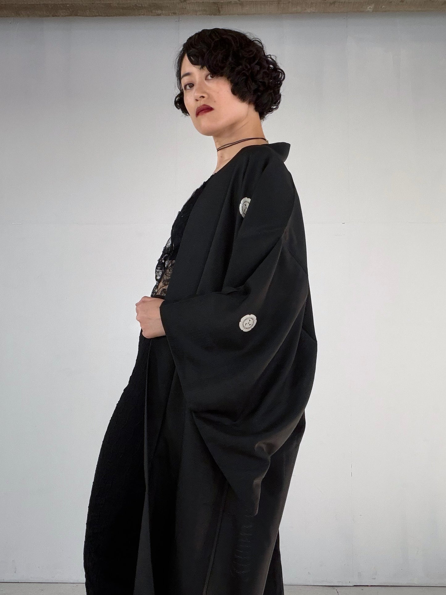VINTAGE BLACK HAORI SHEER “ro, men's Montsuki, goka-ni-hidari-mitsudomoe, SHH052"