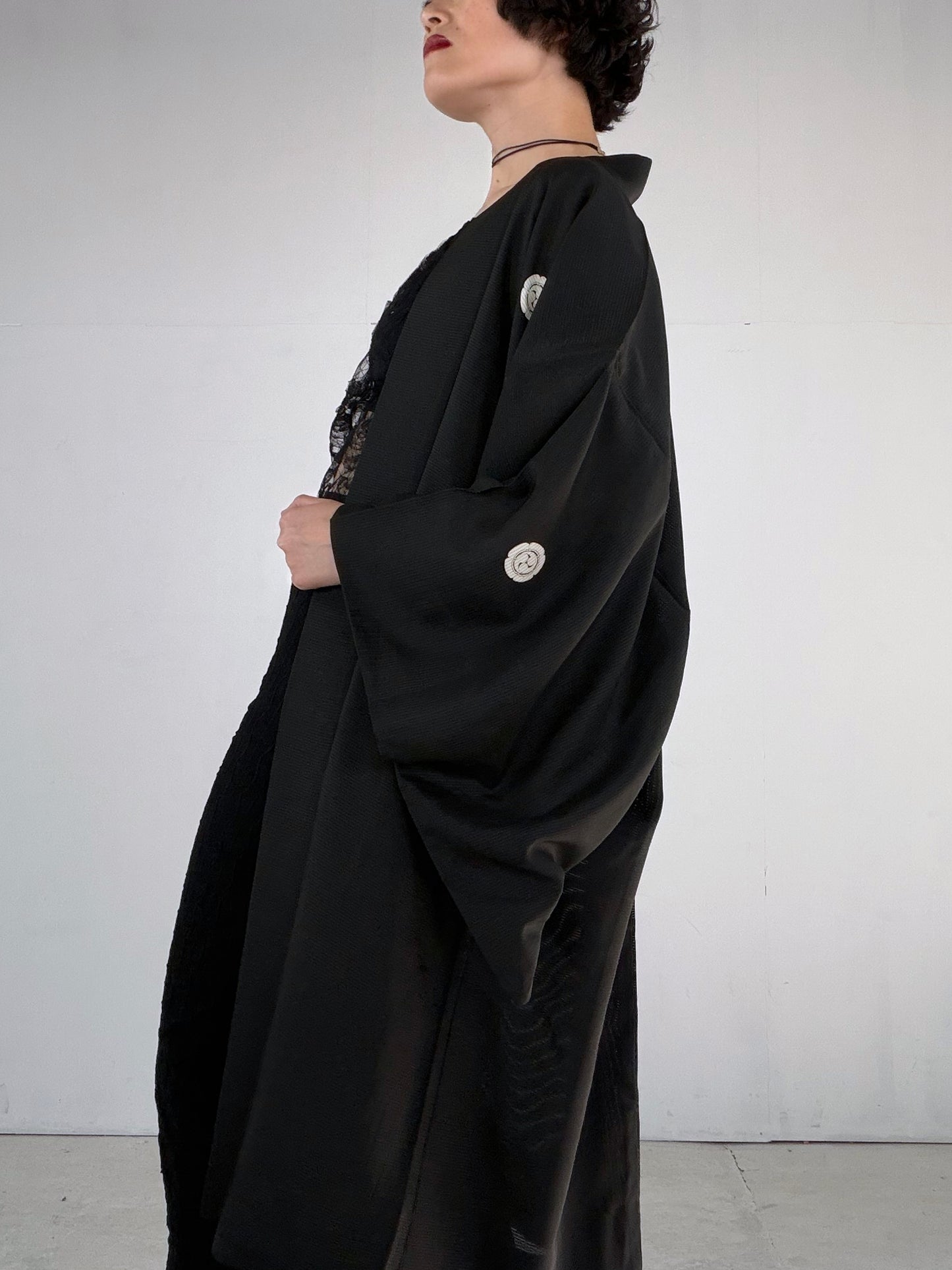 VINTAGE BLACK HAORI SHEER “ro, men's Montsuki, goka-ni-hidari-mitsudomoe, SHH052"