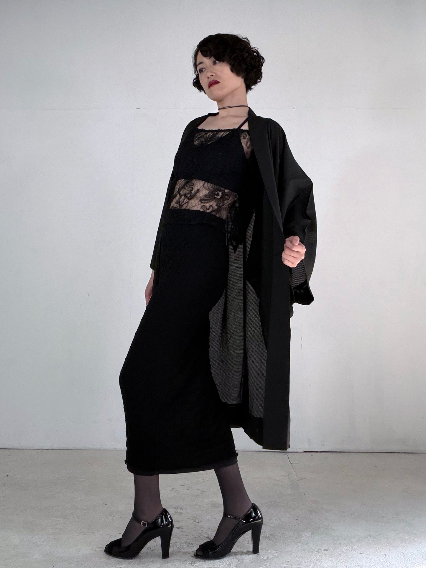 VINTAGE BLACK HAORI SHEER “ro, men's Montsuki, goka-ni-hidari-mitsudomoe, SHH052"