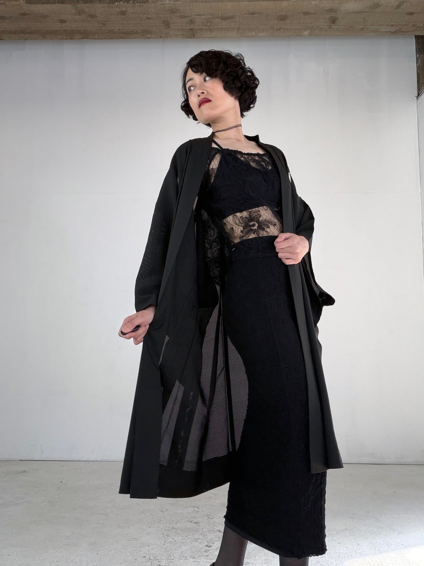 VINTAGE BLACK HAORI SHEER “ro, men's Montsuki, goka-ni-hidari-mitsudomoe, SHH052"