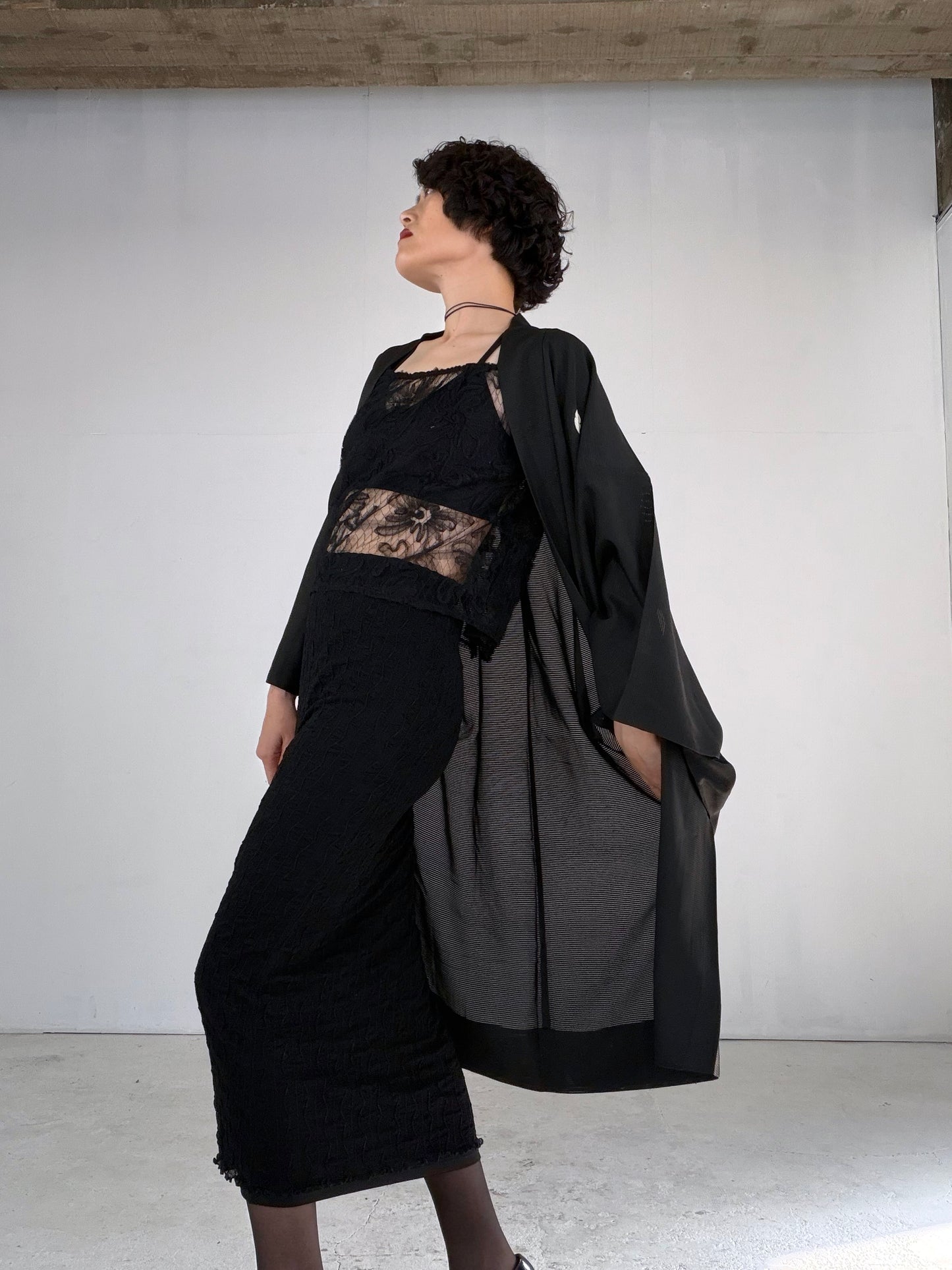 VINTAGE BLACK HAORI SHEER “ro, men's Montsuki, goka-ni-hidari-mitsudomoe, SHH052"