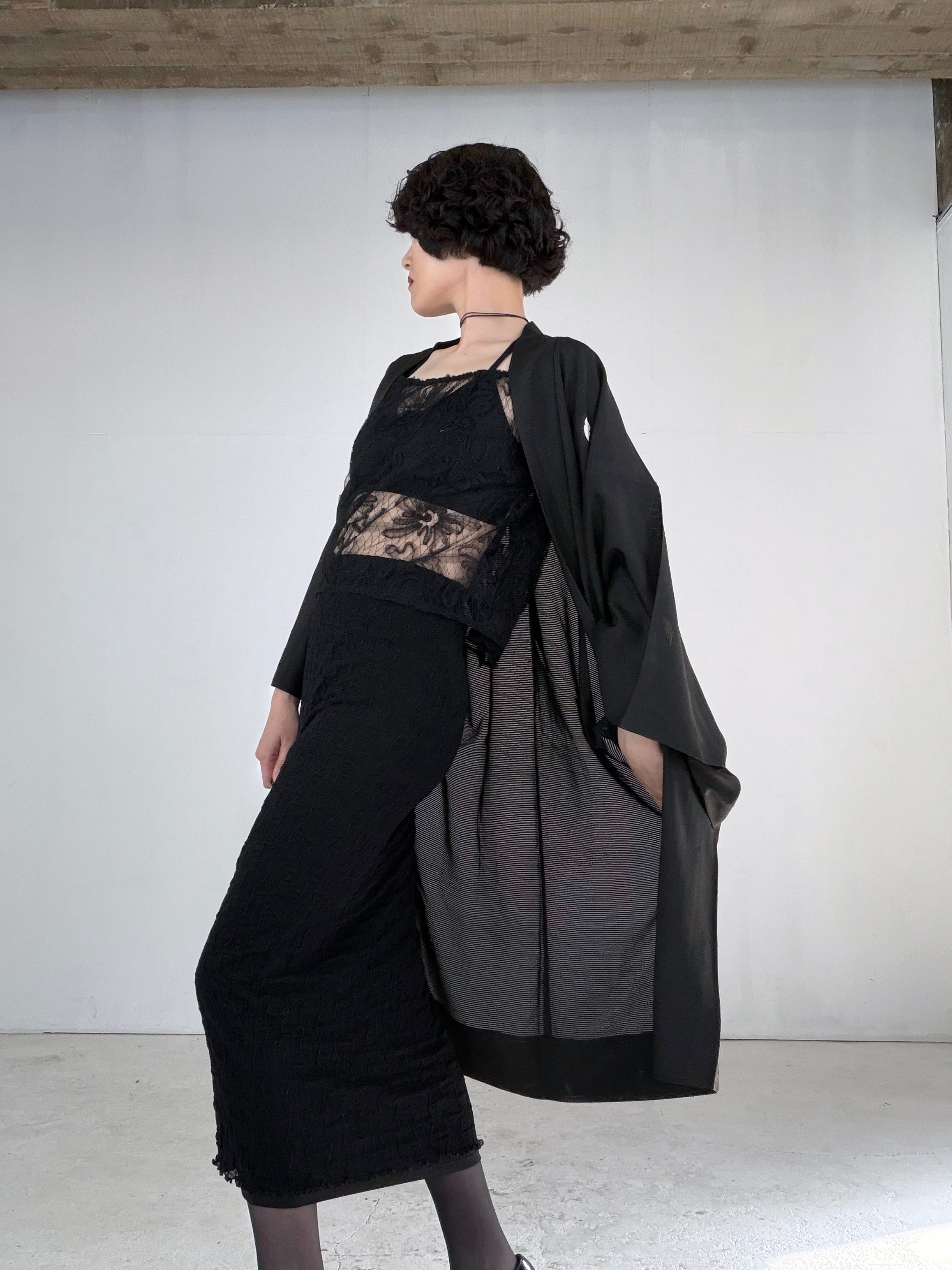 VINTAGE BLACK HAORI SHEER “ro, men's Montsuki, goka-ni-hidari