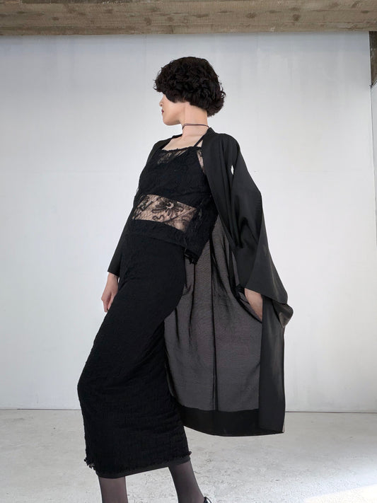 VINTAGE BLACK HAORI SHEER “ro, men's Montsuki, goka-ni-hidari-mitsudomoe, SHH052"