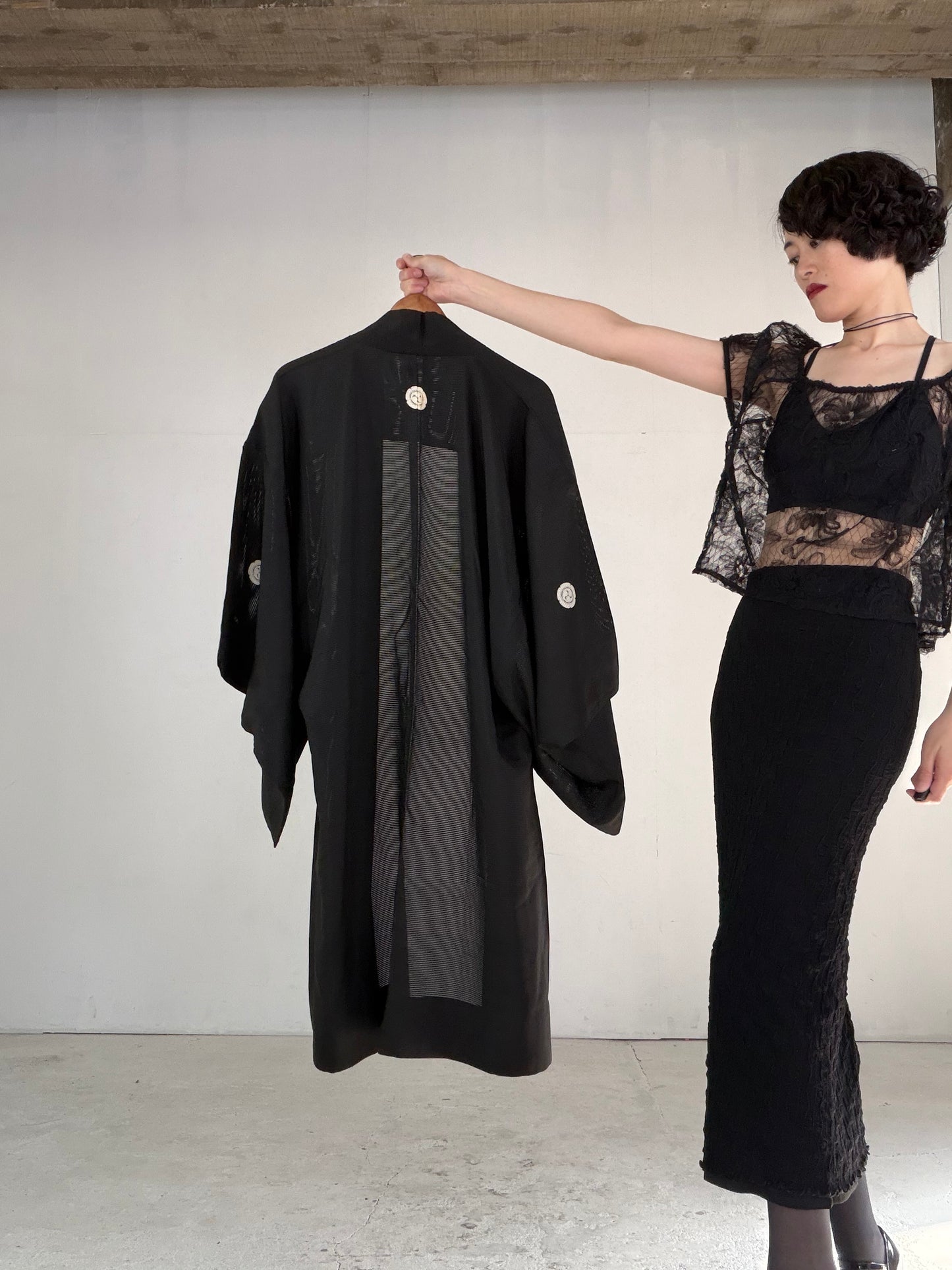 VINTAGE BLACK HAORI SHEER “ro, men's Montsuki, goka-ni-hidari-mitsudomoe, SHH052"