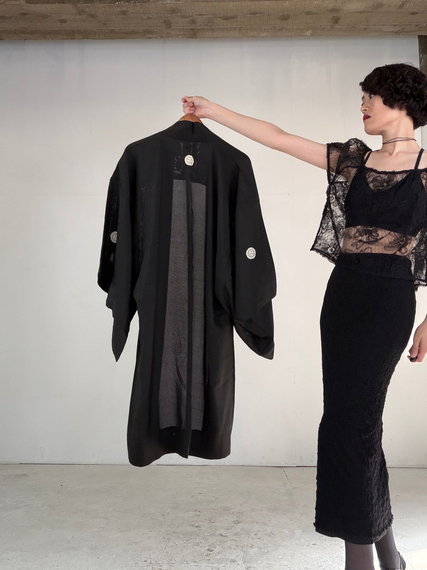 VINTAGE BLACK HAORI SHEER “ro, men's Montsuki, goka-ni-hidari-mitsudomoe, SHH052"