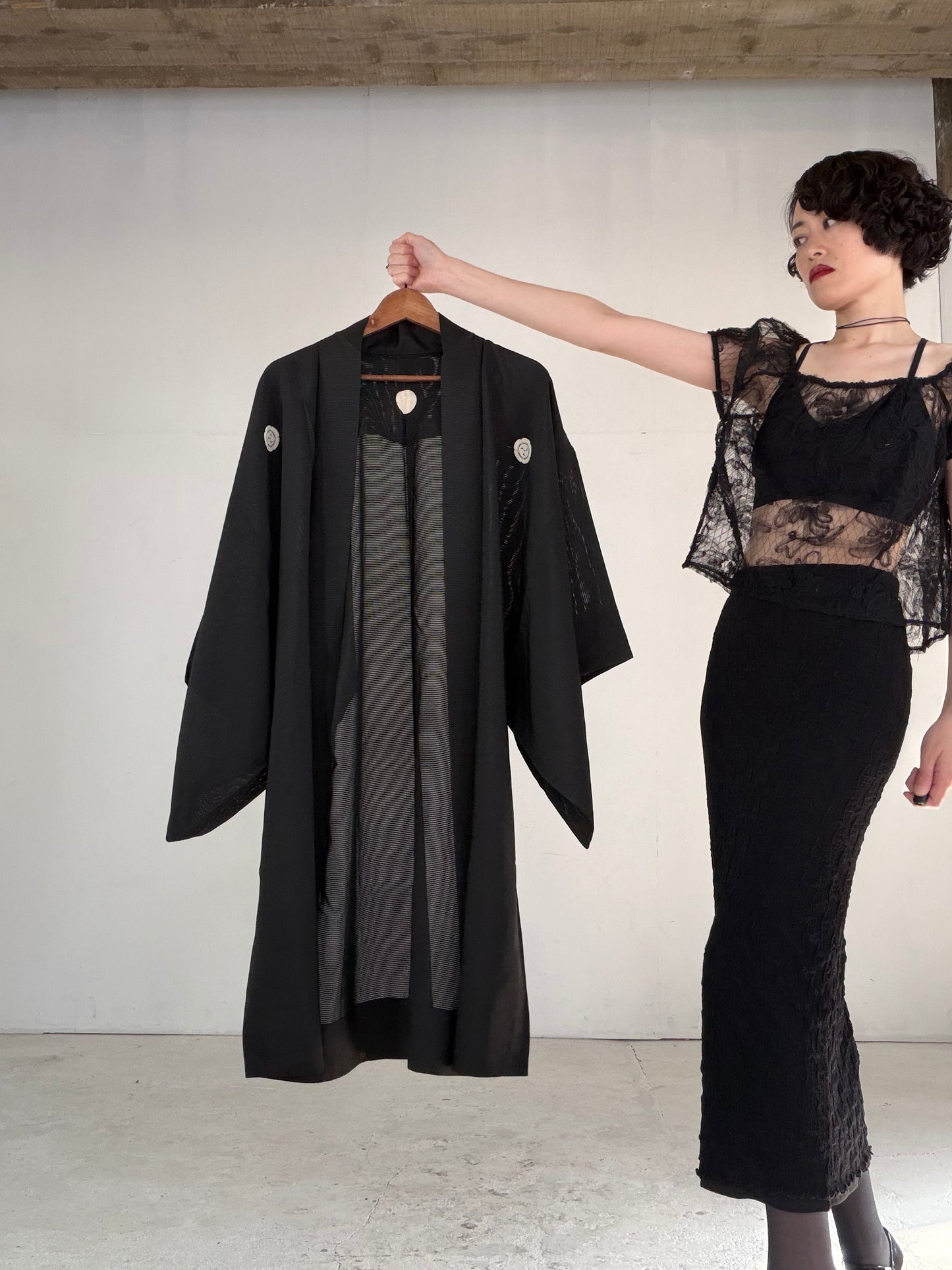 VINTAGE BLACK HAORI SHEER “ro, men's Montsuki, goka-ni-hidari-mitsudomoe, SHH052"
