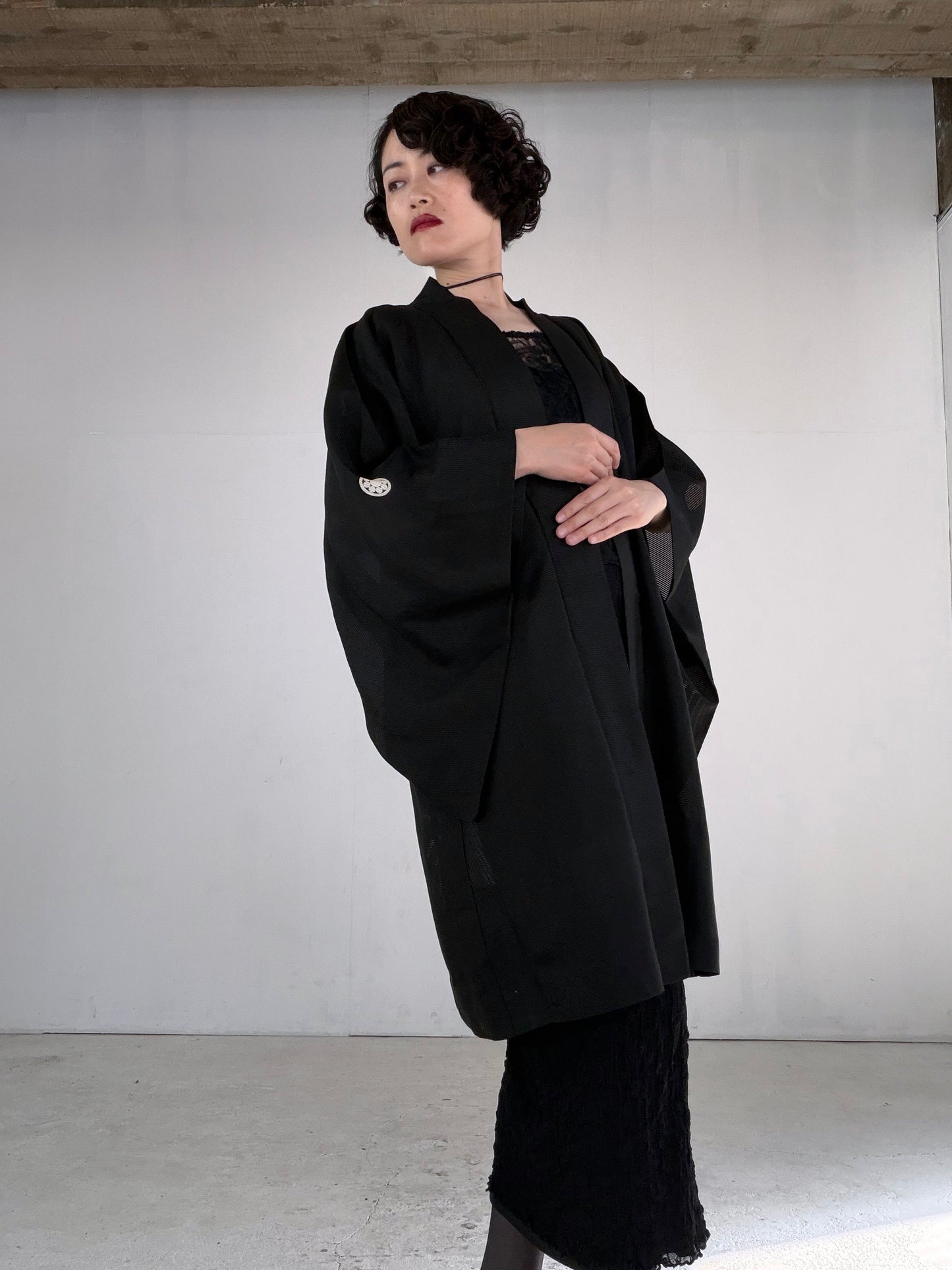 VINTAGE BLACK HAORI SHEER “ro, men's Montsuki, maruni-kuyo, SHH051"